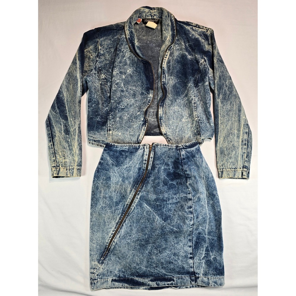 Champagne West Vintage 80s Acid Wash Denim Jacket‎ and Skirt Set Blue Size 9/10